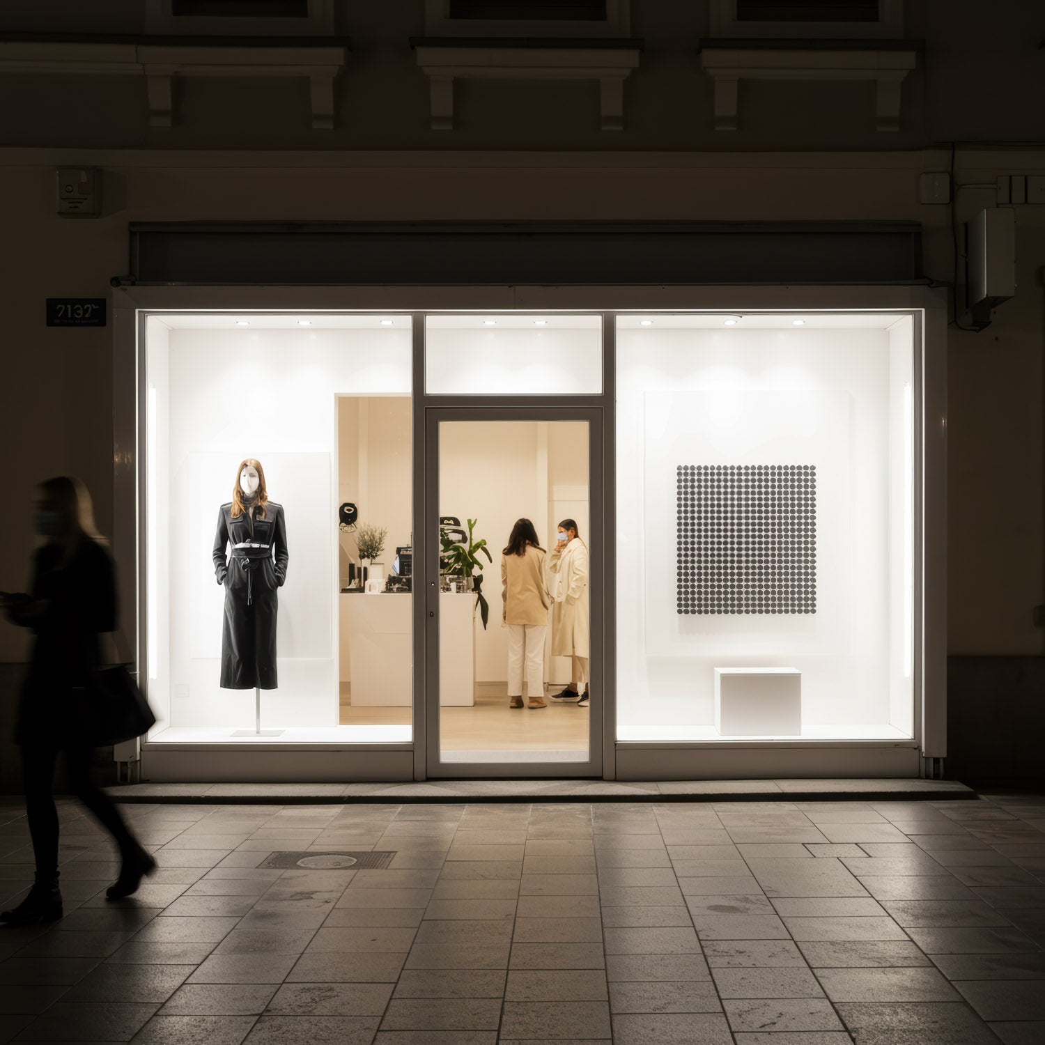 Minimalist fashion boutique window at night with pedestrians