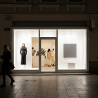 Minimalist fashion boutique window at night with pedestrians