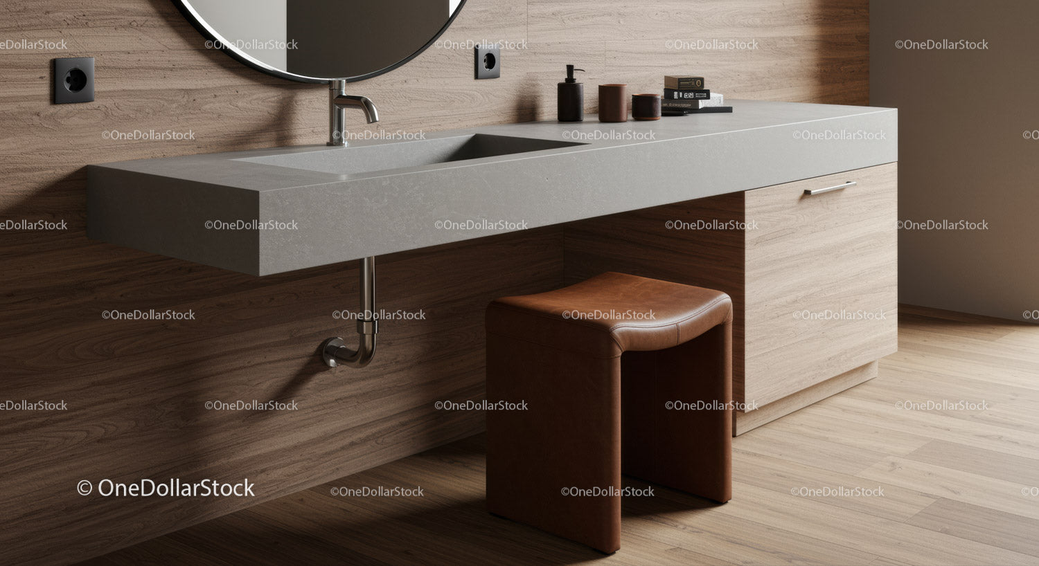 Modern Concrete Sink and Wooden Bathroom Vanity with Brown Stool