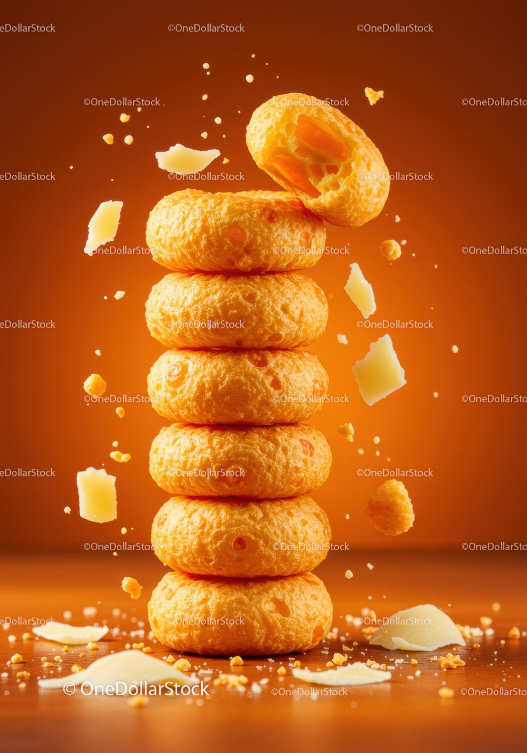 Stack of crunchy cheese puffs with flying crumbs