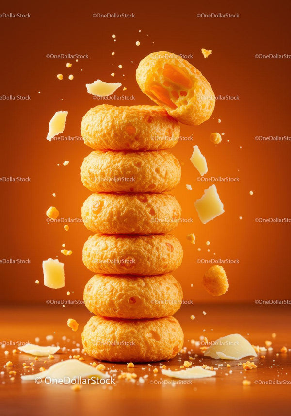 Stack of crunchy cheese puffs with flying crumbs