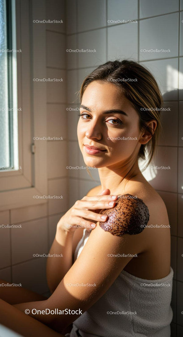 Woman Applying Coffee Scrub in Sunlit Bathroom