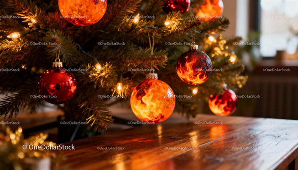Festive Christmas tree with fiery decorated ornaments