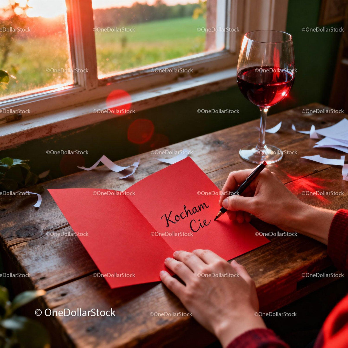 Writing a romantic Valentine card by the window at sunset