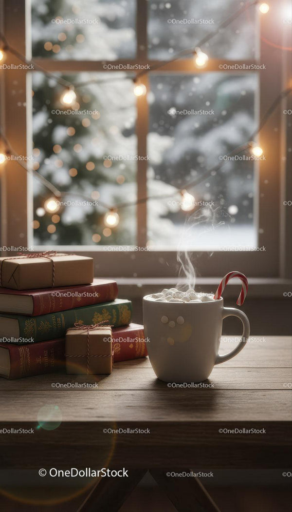 Cozy winter scene with hot chocolate and gifts by window
