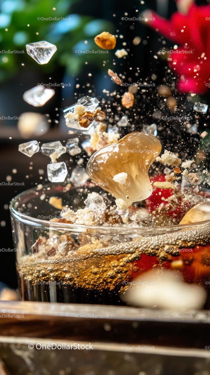 Fizzy Carbonated Drink Splash with Ice Crumbs and Bubbles