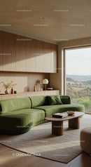 Modern living room with green sofa and large window view