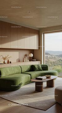 Modern living room with green sofa and large window view