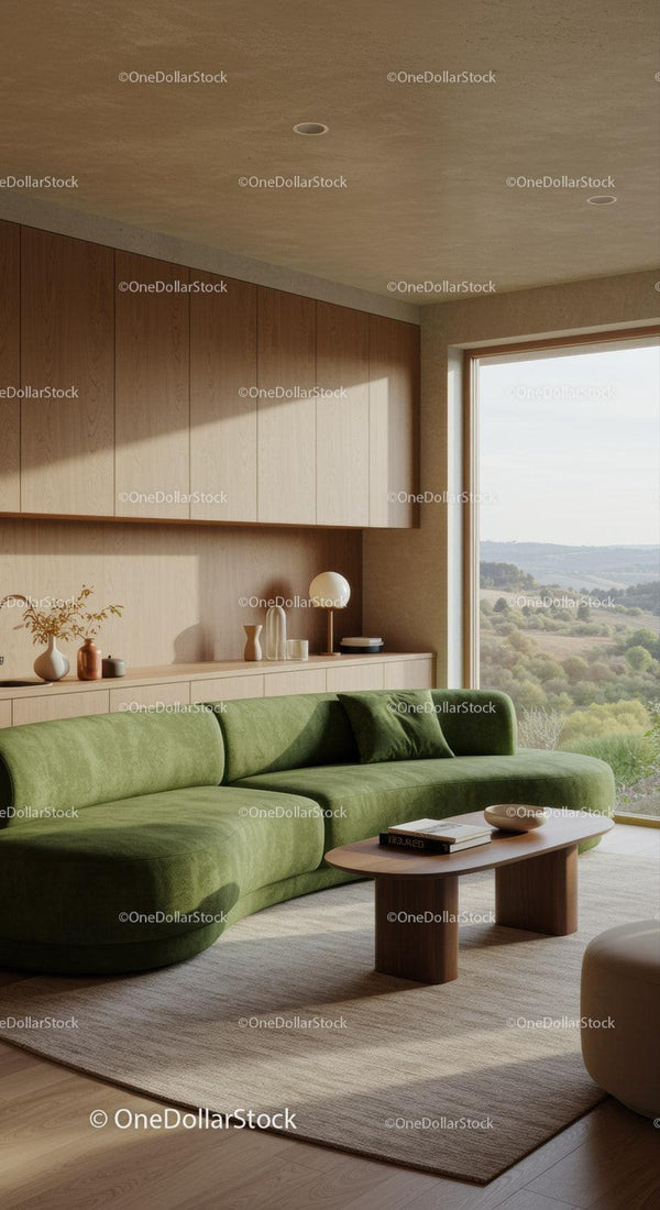 Modern living room with green sofa and large window view