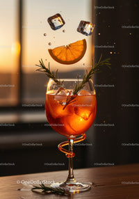 Refreshing Orange Cocktail with Ice Cubes and Rosemary