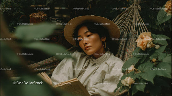 Elegant Woman Relaxing Outdoors in Garden with Straw Hat