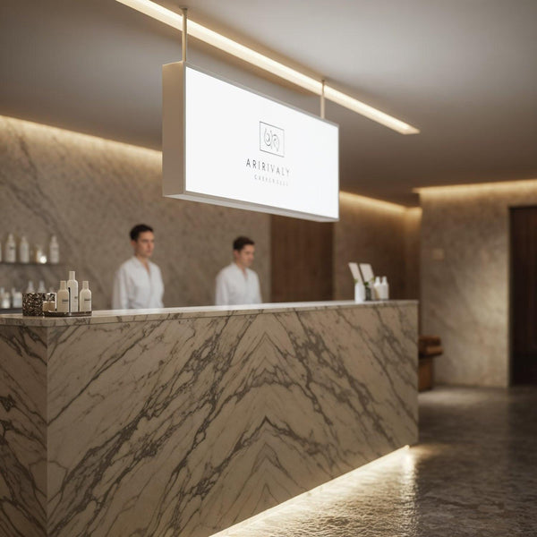 Modern marble reception desk in elegant spa lobby JPG Mockup Image