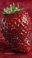 Close-up of Ripe Red Strawberry with Water Droplets and Green Leaves