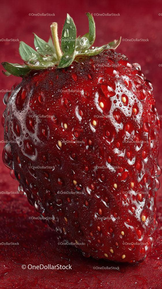 Close-up of Ripe Red Strawberry with Water Droplets and Green Leaves