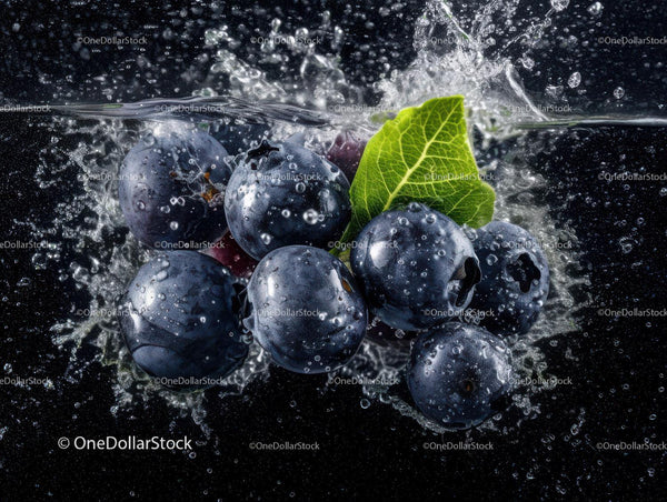 Juicy Blueberries Splashing into Water with Leaf Underwater