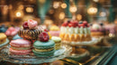 Colorful Assorted Macarons and Pastries Display in Bakery Scene