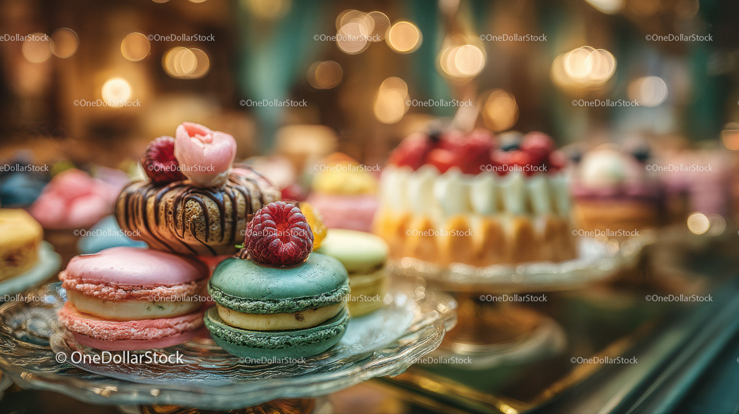 Colorful Assorted Macarons and Pastries Display in Bakery Scene