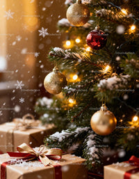 Christmas tree with gold ornaments and wrapped gifts