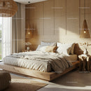 Cozy neutral bedroom with natural light and wicker accents