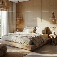 Cozy neutral bedroom with natural light and wicker accents