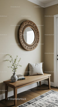 Stylish Wooden Bench with Decorative Mirror and Houseplant in Entryway