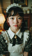 Young Girl in Vintage Maid Costume with Classic Style and Cozy Atmosphere