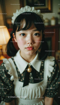 Young Girl in Vintage Maid Costume with Classic Style and Cozy Atmosphere