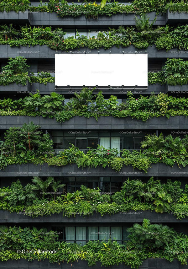 Modern building facade covered with lush green plants Editable PSD Mockup