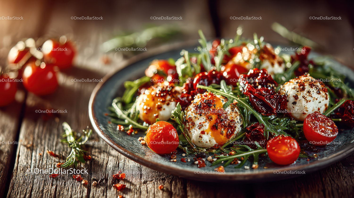 Caprese Salad with Cherry Tomatoes and Mozzarella on Rustic Wooden Table
