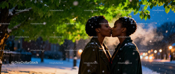 Romantic Winter Kiss Between Two Women Under Tree