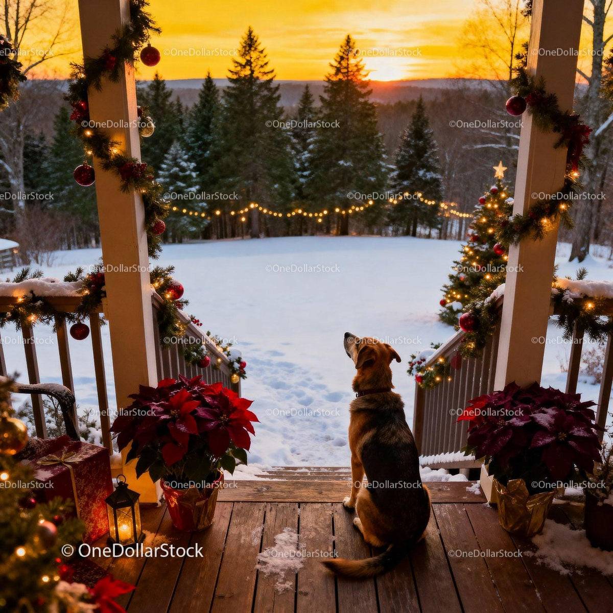 Dog sitting on porch gazing at winter sunset with Christmas decor