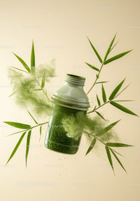 Green Powder Supplement Bottle with Bamboo Leaves