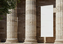 Blank banner hanging between ancient stone columns
