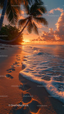 Tropical Beach Sunset with Palm Trees and Footprints