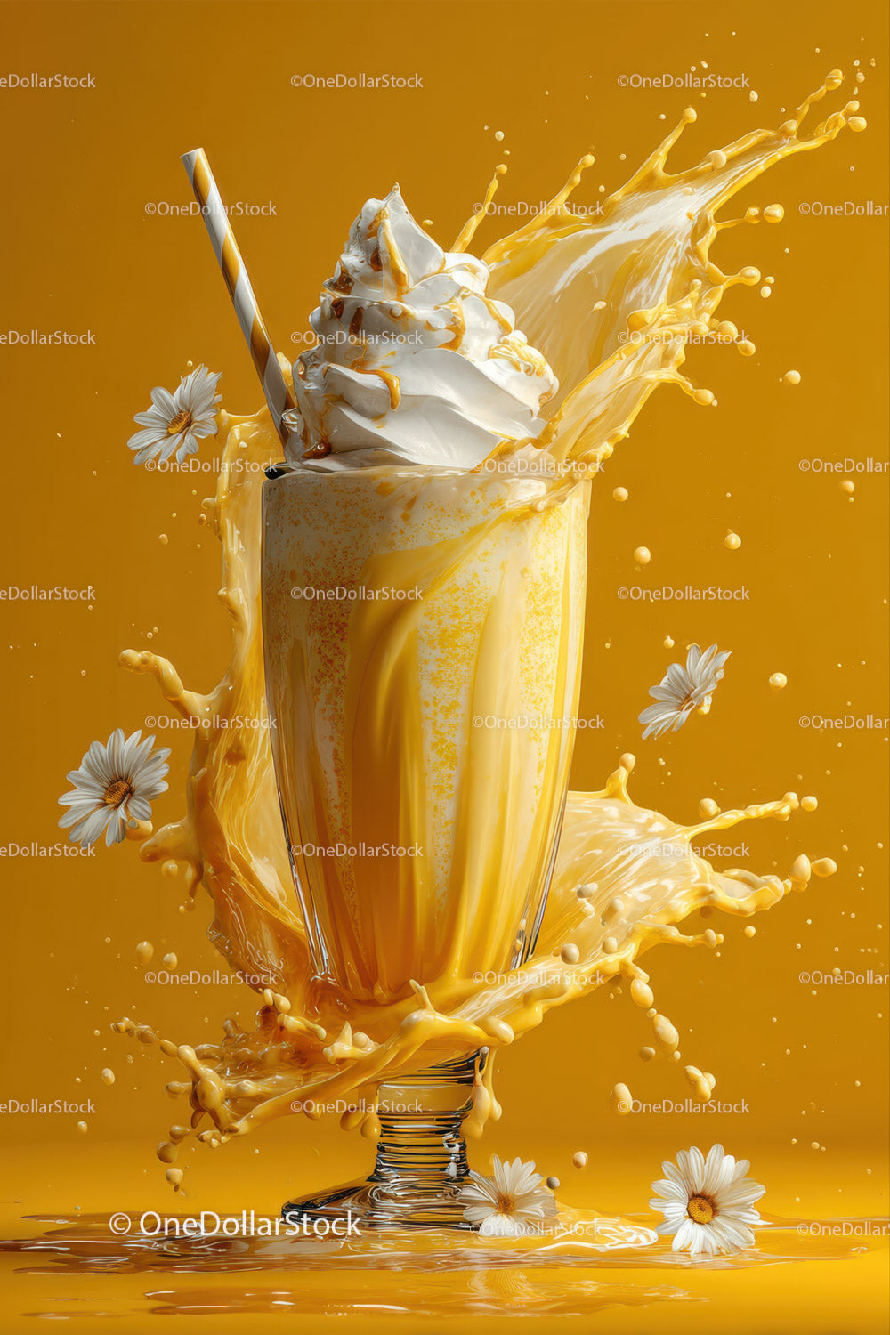 Yogurt and Orange Juice Splash with Daisies and Straw