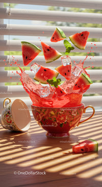 Fresh watermelon slices splashing in vintage tea cup
