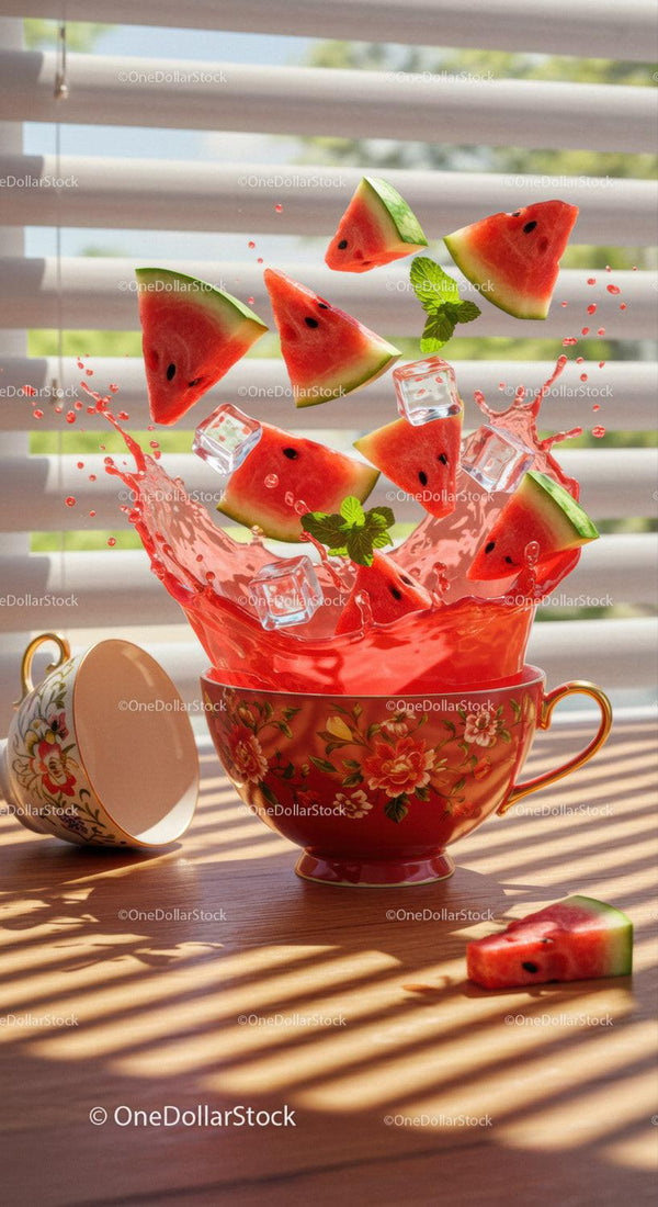 Fresh watermelon slices splashing in vintage tea cup