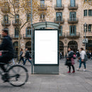 Busy city street with blank advertising board