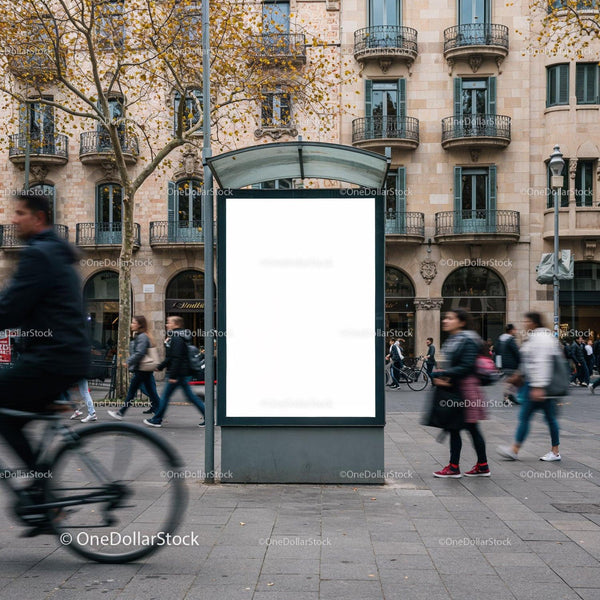 Busy city street with blank advertising board JPG Mockup Image