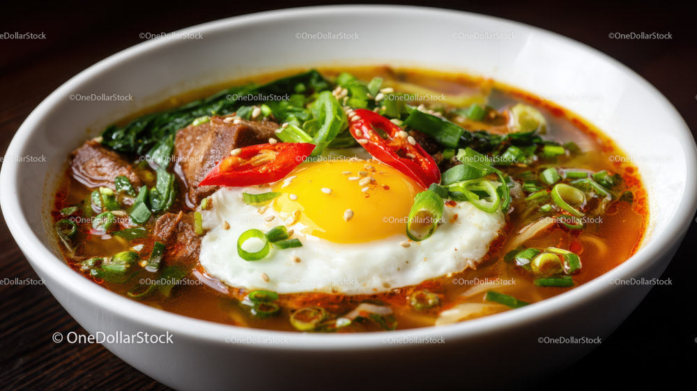 Vietnamese Beef Pho Soup with Egg and Fresh Herbs