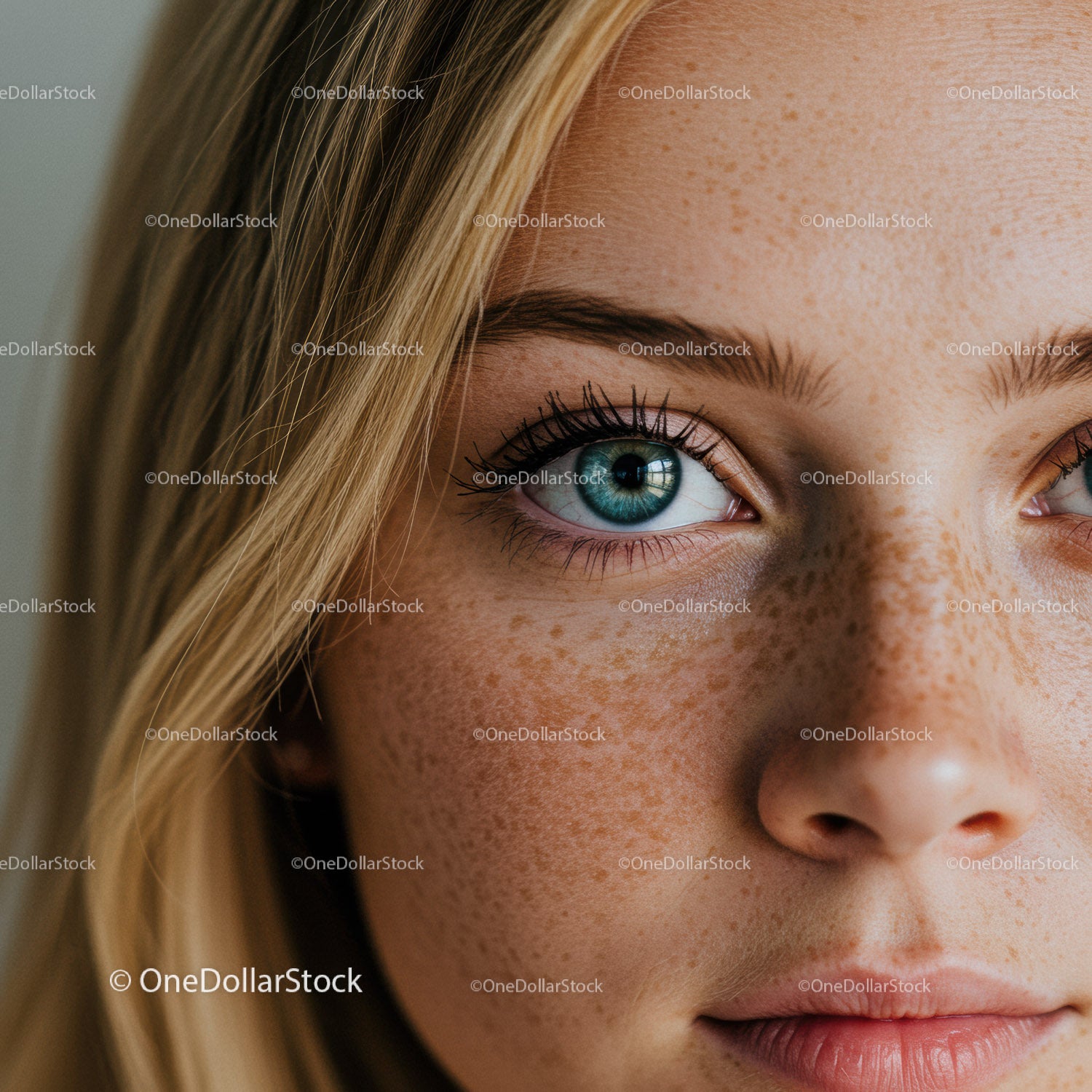 Close up of young woman with freckles and blue eyes