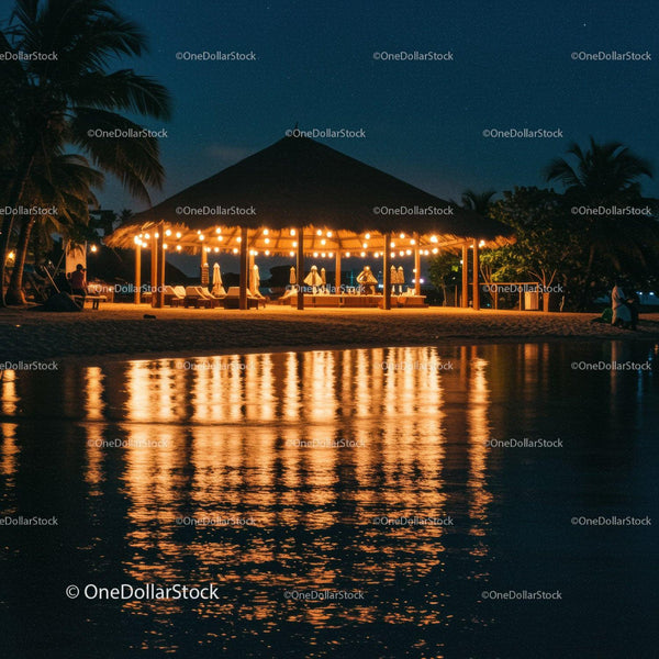 Tiki Hut by the Beach at Night with Warm Lighting and Reflection