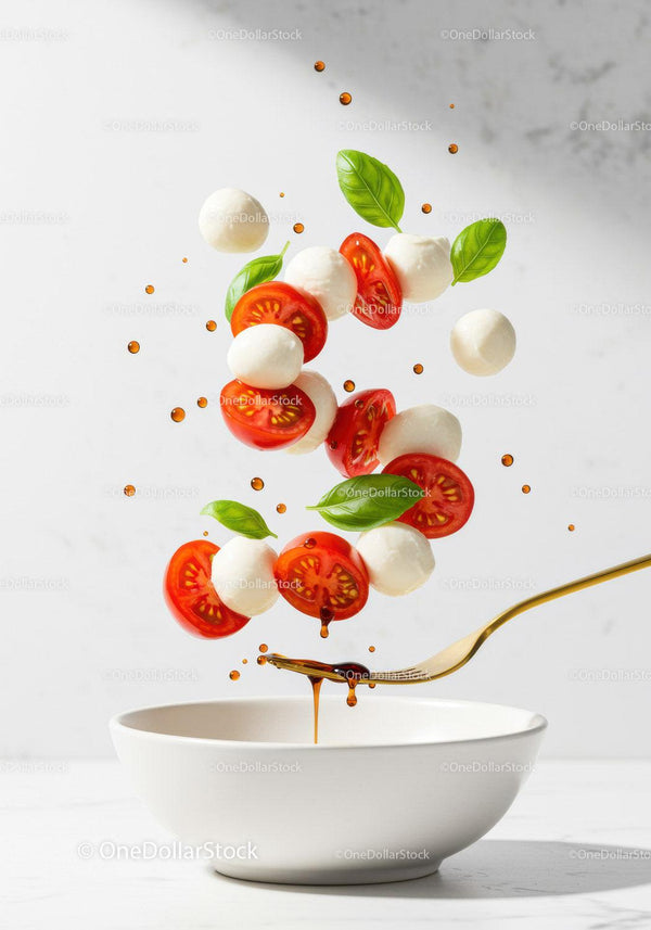 Flying Caprese Salad Ingredients with Balsamic Drizzle