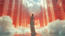 Fantasy Woman Standing Amid Surreal Red Cloudscape with Majestic Sky