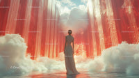 Fantasy Woman Standing Amid Surreal Red Cloudscape with Majestic Sky