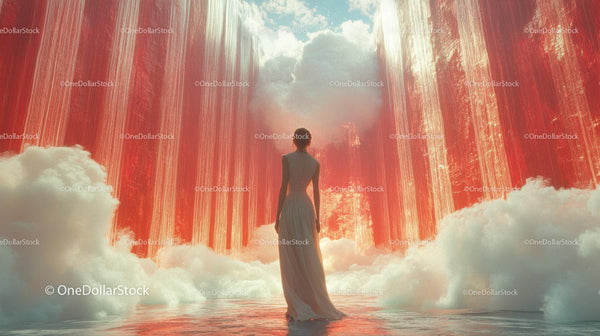 Woman Standing Near Surreal Red Waterfalls