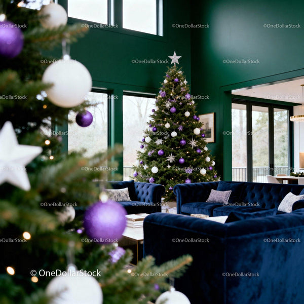 Christmas Living Room with Elegant Purple and White Decor