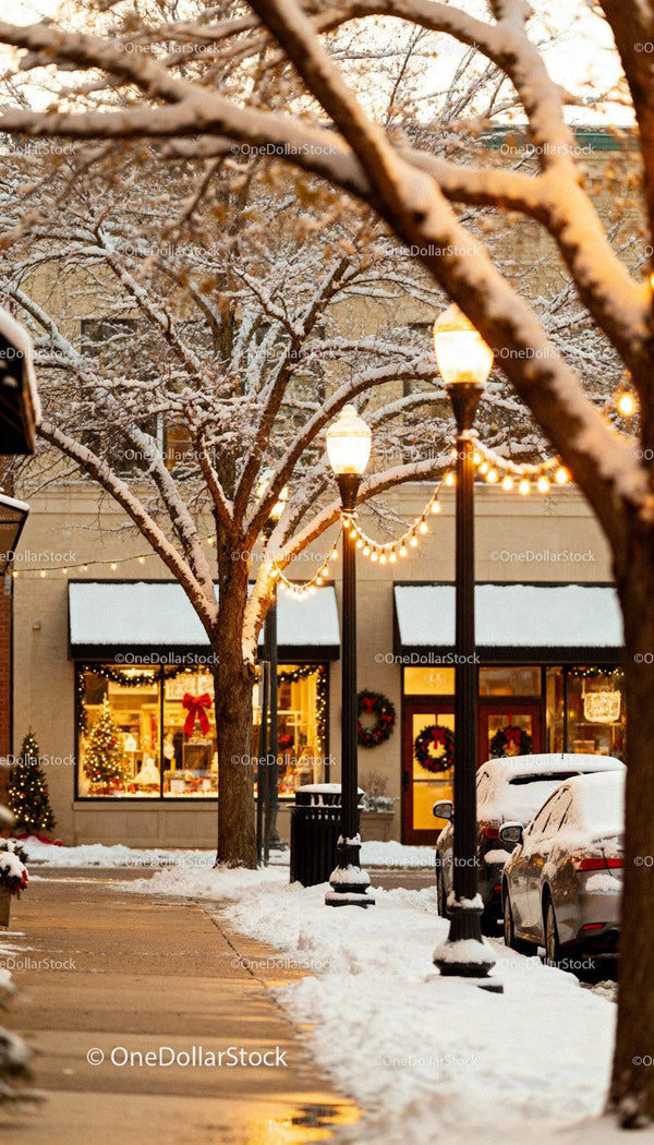 Snowy winter street with festive Christmas decorations