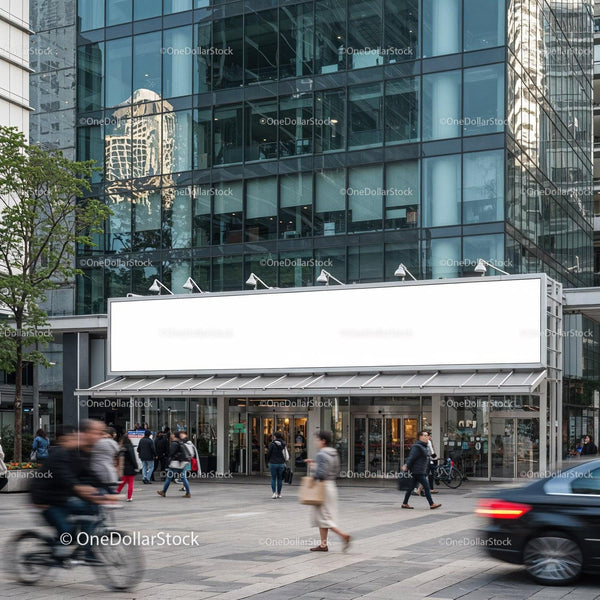 Busy urban street with modern glass office building JPG Mockup Image
