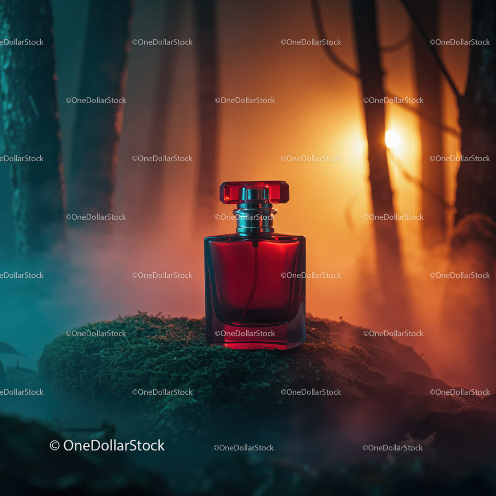 Luxury Perfume Bottle in Mystical Forest Scene with Sunset Lighting
